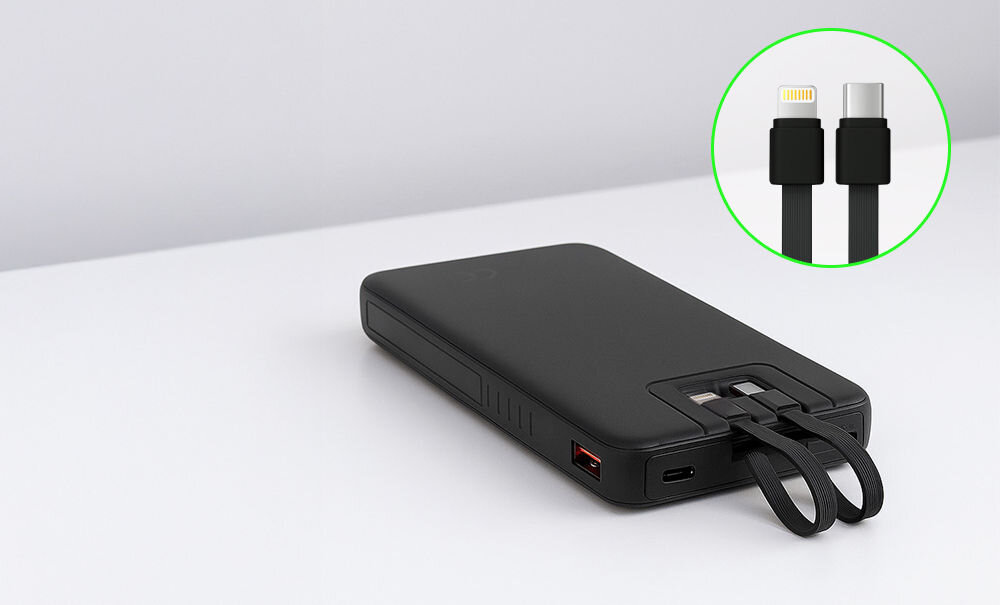 QUALO Transparent power bank 10000 mAh PD z LED 23W czarny QTPB10-LD-23-01 zintegrowane przewody USB - C i Lightning ukazanie mobilności urządzenia