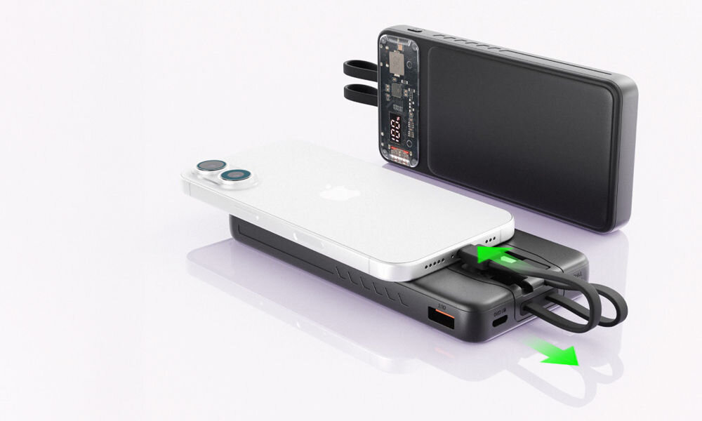 QUALO Transparent power bank 10000 mAh PD z LED 23W czarny QTPB10-LD-23-01 prezentacja telefonu podpiętego kablem do power banka kompatybilność power delivery quick charge 3.0