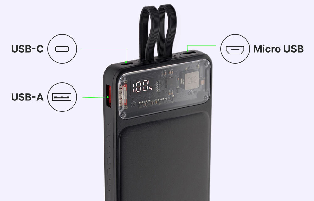 QUALO Transparent power bank 10000 mAh PD z LED 23W czarny QTPB10-LD-23-01 pokazanie umiejscowienia dodatkowych portów USB - C USB - A micro USB share power zasilanie kilku urządzeń w tym samym czasie