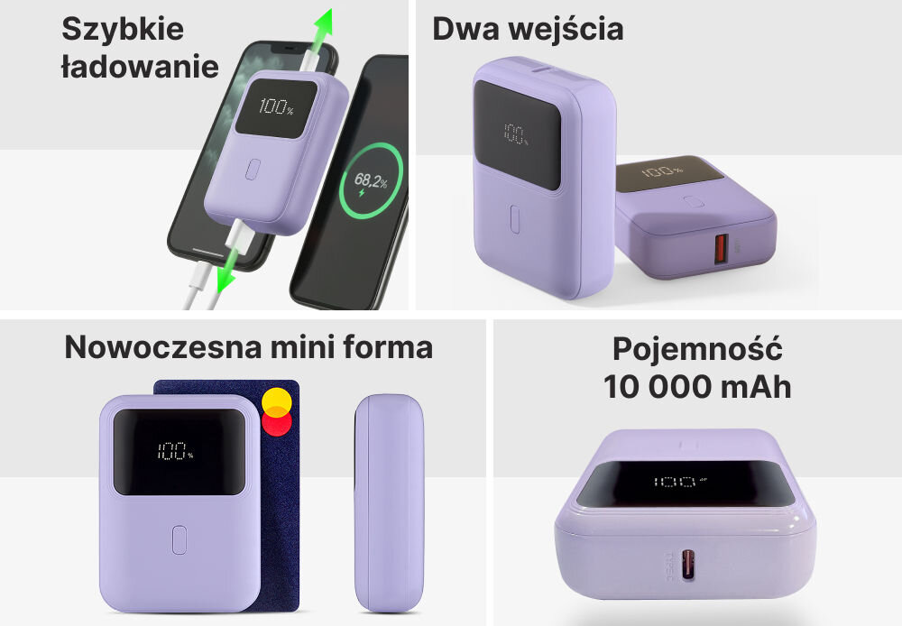 Powerbank QUALO QPB10-LD-20-09 10000 mAh 20W Liliowy optymalna pojemność 10000 mAh dwa wejścia szybkie ładowanie mała forma