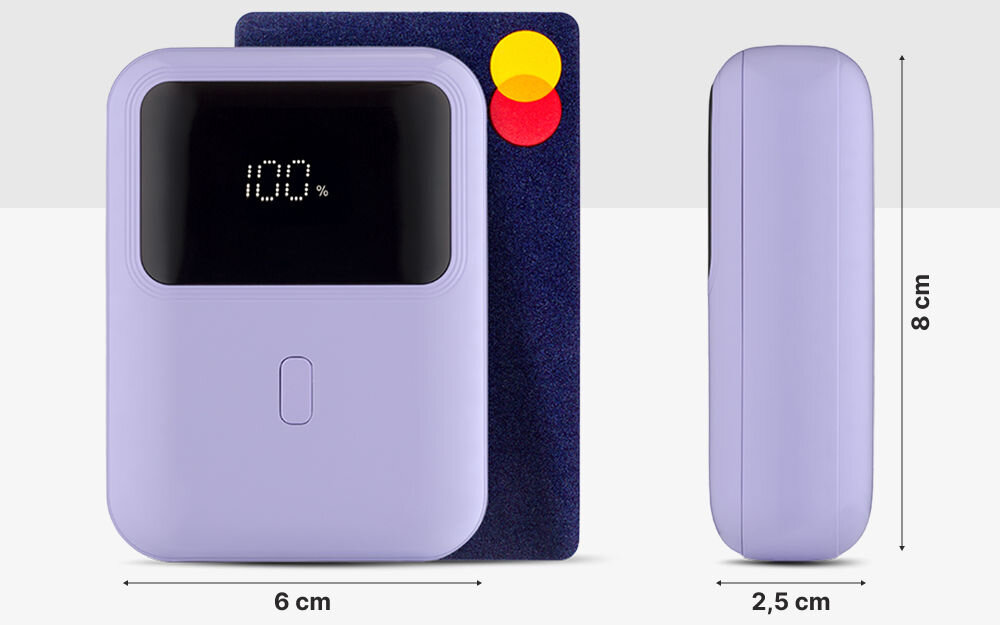 Powerbank QUALO QPB10-LD-20-09 10000 mAh 20W Liliowy wymiary 6, cm x 8 cm x 2,5 cm