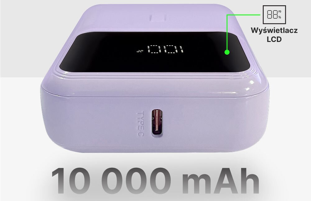 Powerbank QUALO QPB10-LD-20-09 10000 mAh 20W Liliowy 10000 mAh pojemności kompaktowe i wygodne urządzenie wyświetlacz LCD z procentami