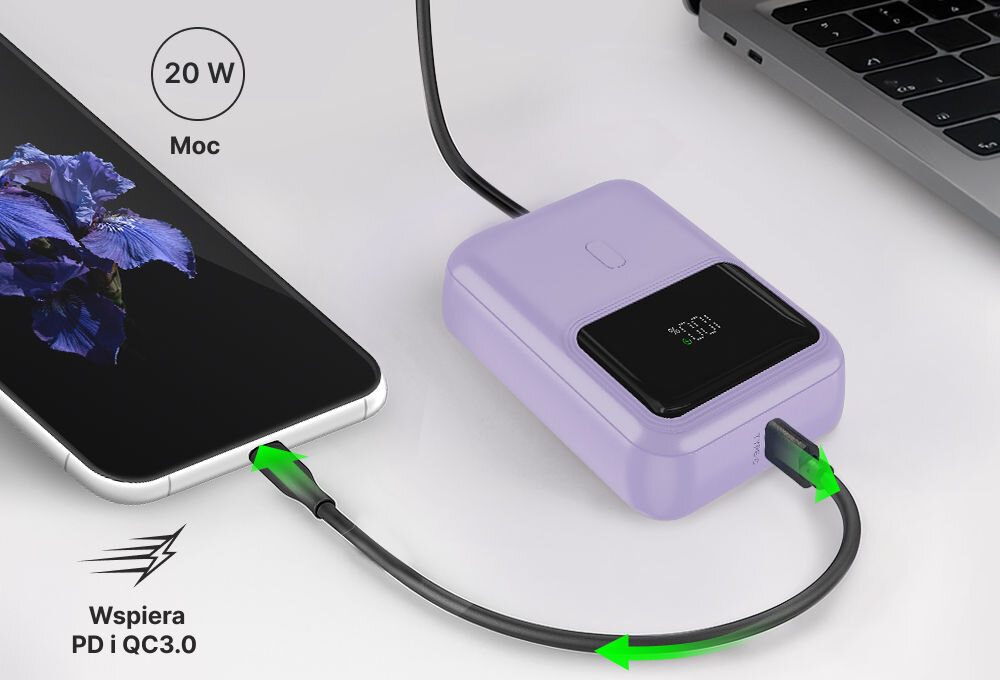 Powerbank QUALO QPB10-LD-20-09 10000 mAh 20W Liliowy moc do 20 W power delivery quick charge 3.0 ukazanie szybkiego ładowania power bank podłączony kablem do telefonu