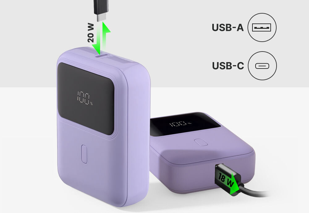 Powerbank QUALO QPB10-LD-20-09 10000 mAh 20W Liliowy wybór portów USB - C USB - A uniwersalna kompatybilność share power ładowanie dwóch urządzeń jednocześnie 20 W 18 W