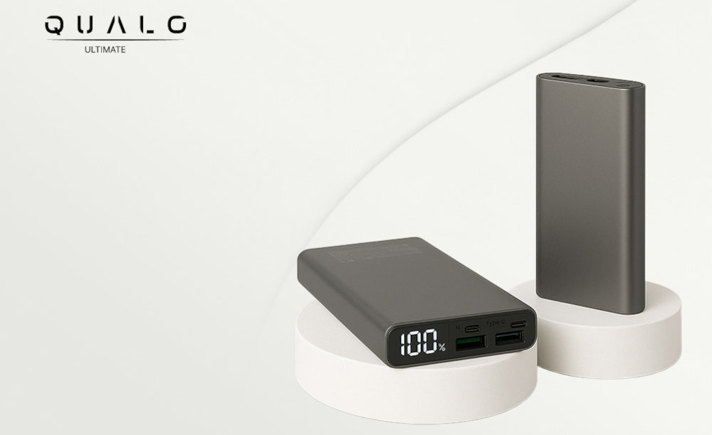 Powerbank QUALO QPB10-LD-23-18 10000 mAh Szary aluminiowy prezentacja urządzenia od przodu i od boku