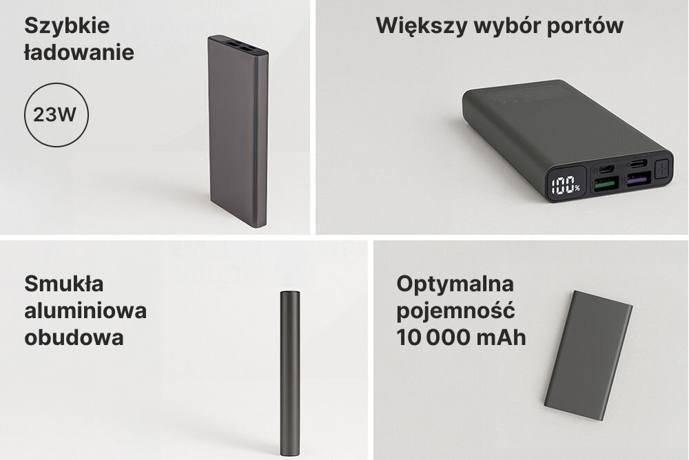 Powerbank QUALO QPB10-LD-23-18 10000 mAh Szary szybkie ładowanie 23 W większy wybór portów ładowania smukła aluminiowa konstrukcja optymalna pojemność 10000 mAh