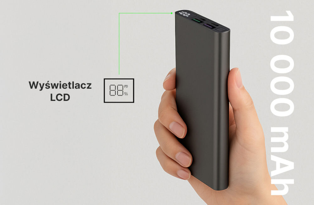 Powerbank QUALO QPB10-LD-23-18 10000 mAh Szary aluminiowy 10000 mAh pojemności kompaktowe i wygodne urządzenie ukazane jak leży w ręce wyświetlacz LED z procentami