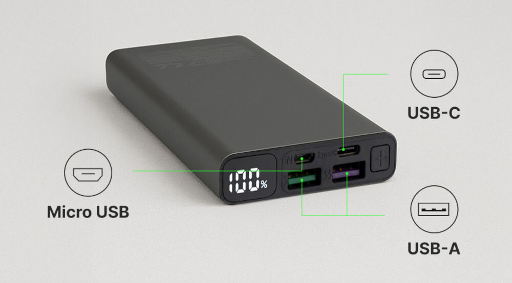 Powerbank QUALO QPB10-LD-23-18 10000 mAh Szary aluminiowy większy wybór portów USB - C dwa porty USB - A micro - USB pełna elastyczność ładowania share power zasilanie kilku urządzeń jednocześnie