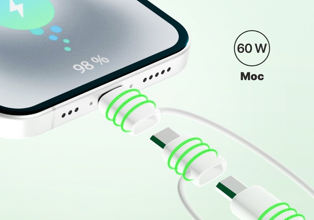 Kabel USB-C - USB-A-microUSB-Lightning QUALO Recycling QRC-CA+M+L-00 3w1 1.5 m Biały podczas ładowania