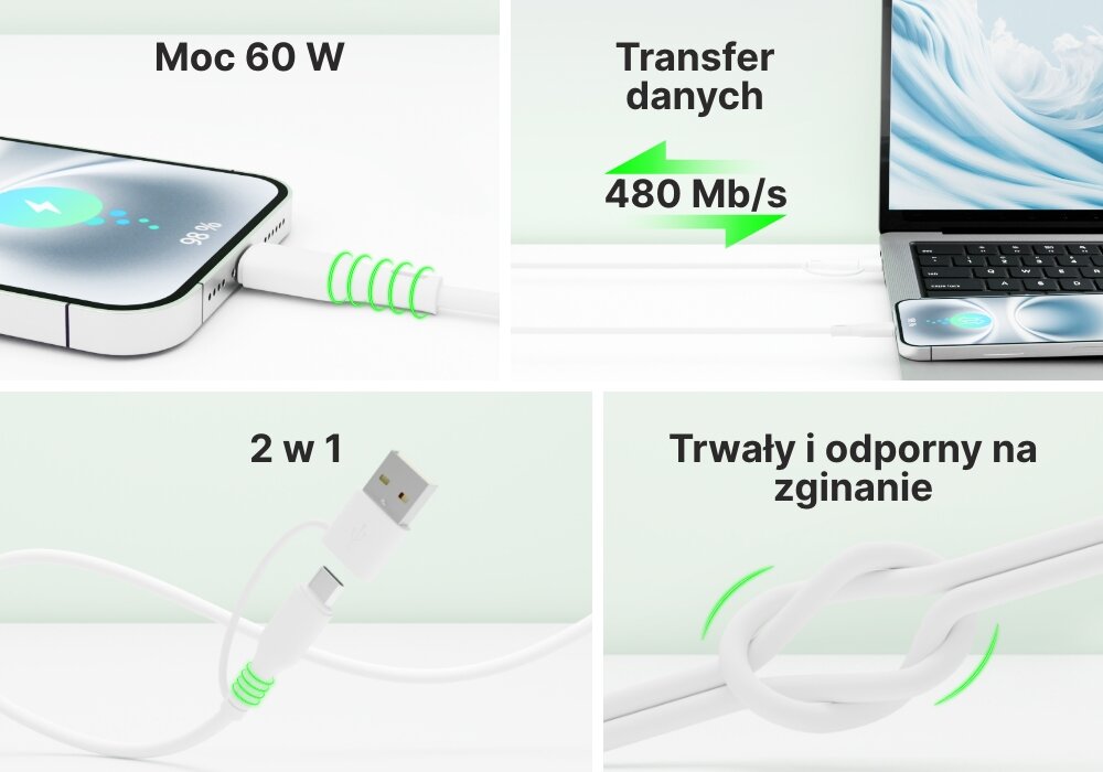 Kabel USB-C - USB-C-USB-A QUALO Recycling QRC-CC+A-00 2w1 1.5 m Biały kolaż 4 zalet