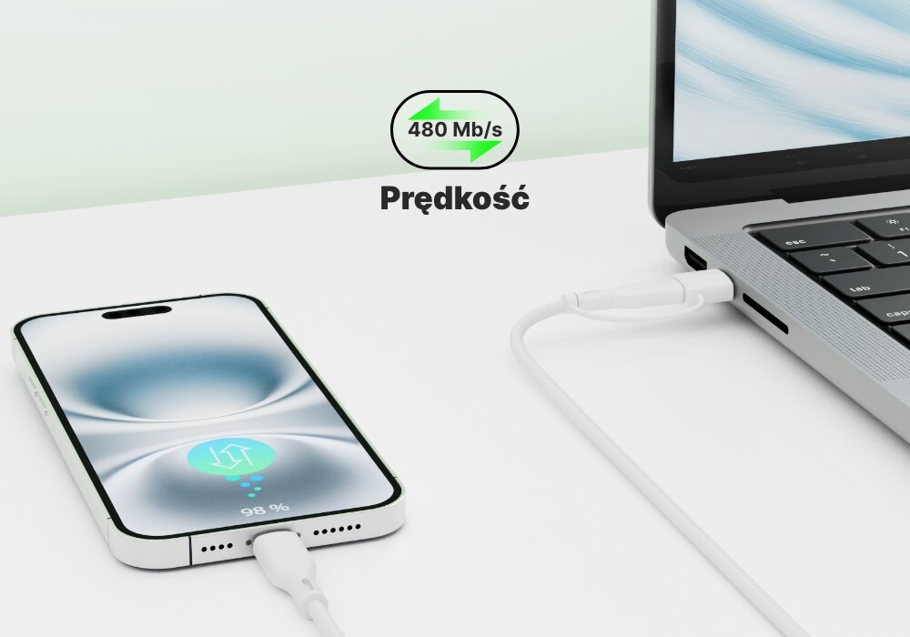 Kabel USB-C - USB-C-USB-A QUALO Recycling QRC-CC+A-00 2w1 1.5 m Biały podłączony do laptopa