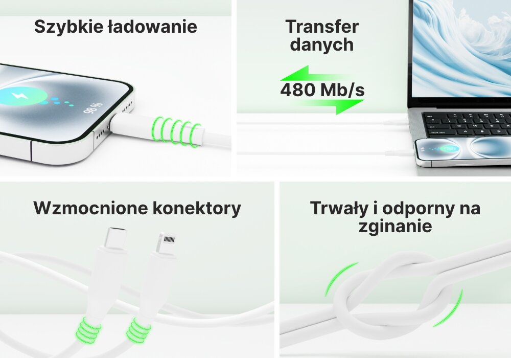 Kabel USB Typ-C - Lightning QUALO Recycling kolaż zalet