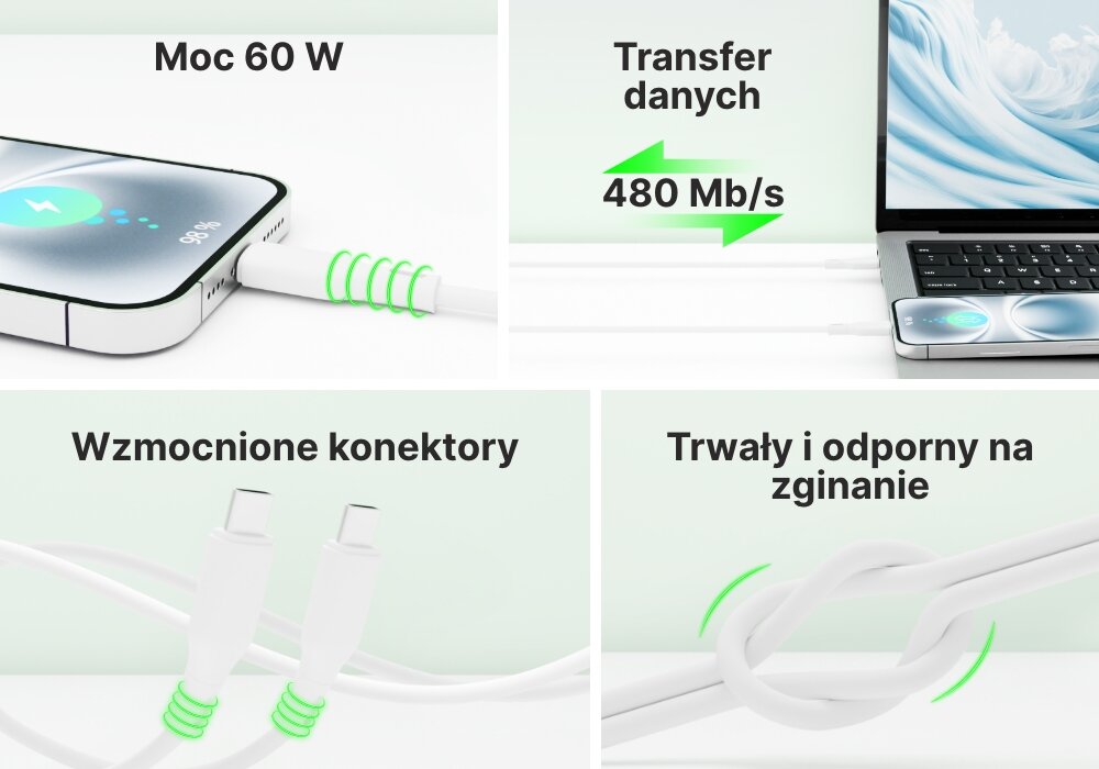 Kabel USB-C - USB-C QUALO Recycling kolaż zalet