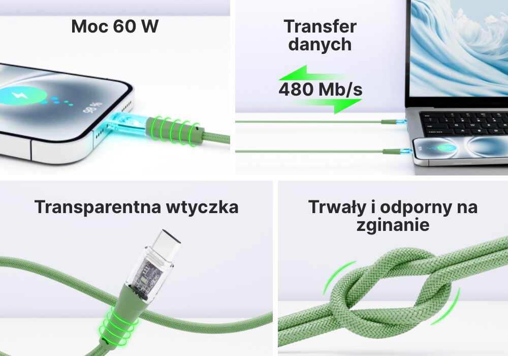 Kabel QUALO Transparent kolaż 4 korzyści