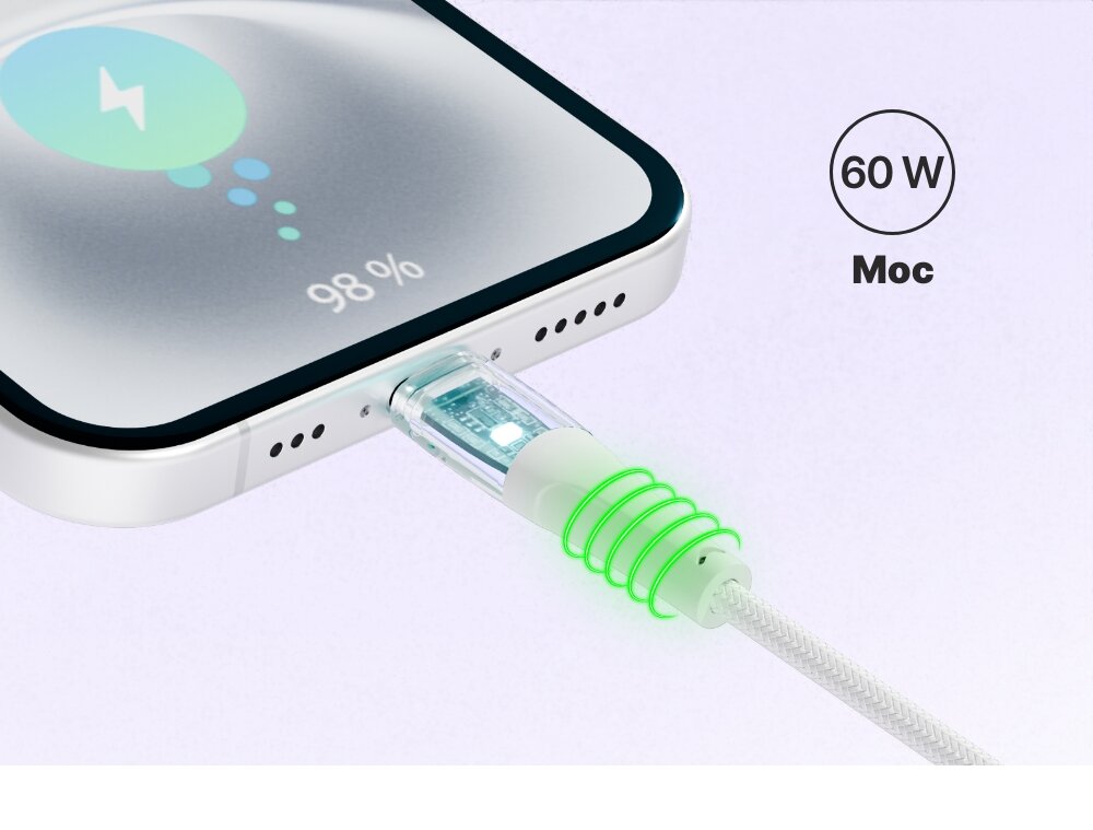 Kabel QUALO Transparent podłączony do smartfona