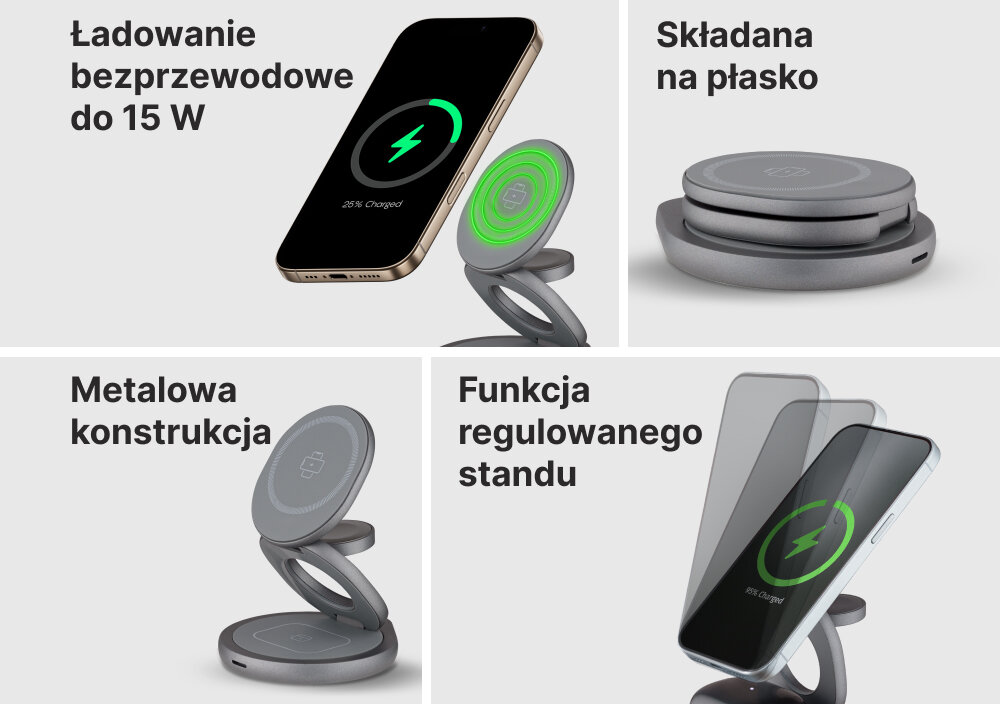 Ładowarka indukcyjna QUALO MagSecure QMLI-24-18 Szary, Technologia dla Twojej wygody, Na 1 zdjęciu 4 obrazki przedstawiające właściwości stojaka takie jak ładowanie, składanie, konstrukcja, regulacja