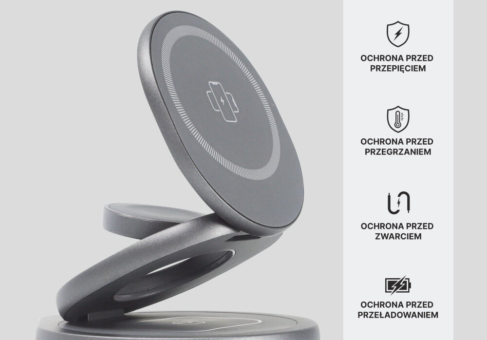Ładowarka indukcyjna QUALO MagSecure QMLI-24-18 Szary, Bezpieczne ładowanie, Zdjęcie stojaka od frontu lewo skos, w tle przedstawione 4 cechy bezpiecznego ładowania