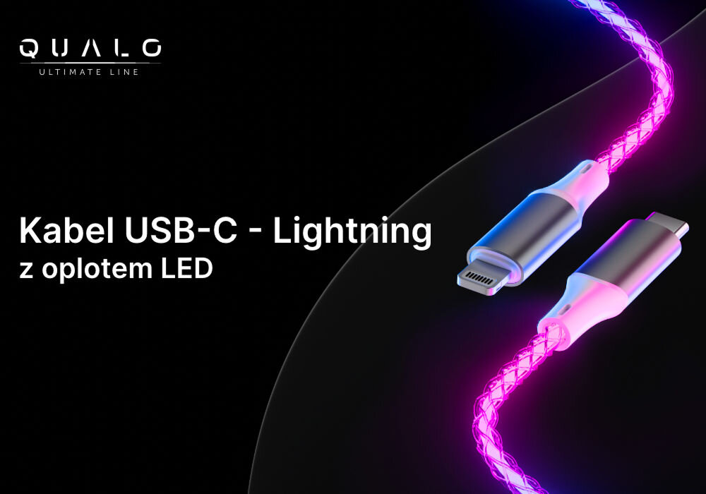 Kabel Świecący USB-C - Lightning Qualo Ultimate QCS-CL-00 1m Biały Srebrny prezentacja działającego kabla z oplotem LED efektowne ładowanie