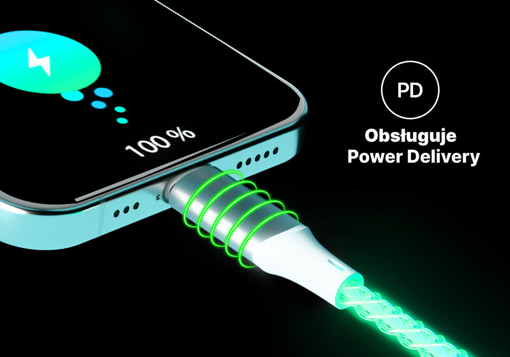 Kabel Świecący USB-C - Lightning Qualo Ultimate QCS-CL-00 1m Biały Srebrny kabel podłączony do telefonu obsługa power delivery szybkie ładowanie