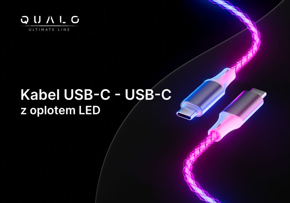 Kabel USB-C - USB-C QUALO Ultimate QCS-CC-00 Świecący 1m Biały - Srebrny prezentacja działającego kabla z oplotem LED efektowne ładowanie