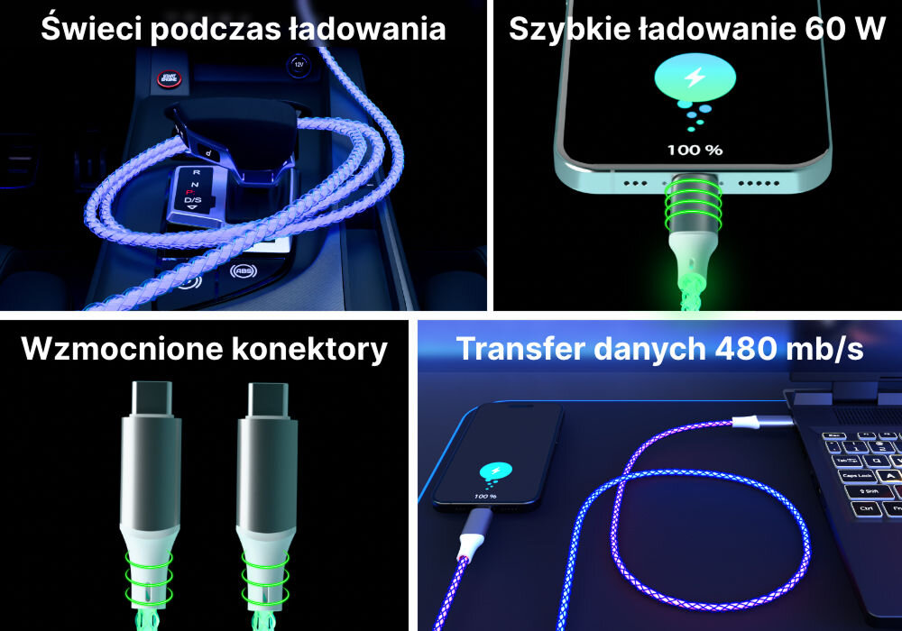 Kabel USB-C - USB-C QUALO Ultimate QCS-CC-00 Świecący 1m Biały - Srebrny świeci podczas ładowania prezentacja w samochodzie szybkie ładowanie prezentacja podpiętego kabla do telefonu wzmocnione konektory moc 60 W transfer danych 480 mb/s efekt świetlny
