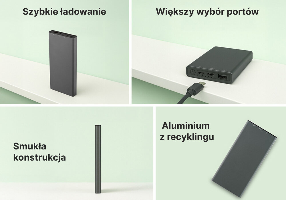 Powerbank QUALO Recycling QRPB5-12-18 5000 mAh Szary, Technologia i środowisko, 4 zdjęcia w 1 opisujące główne zalety produktu takie jak, konstrukcja, porty, budowa, szybkie ładowanie