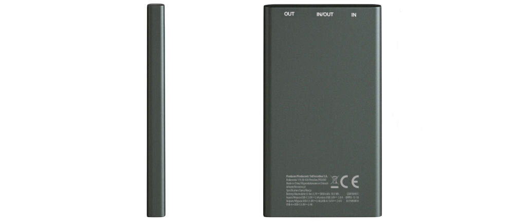 Powerbank QUALO Recycling QRPB5-12-18 5000 mAh Szary, Smukła metalowa konstrukcja, Zdjęcie przedstawia wymiary powerbanka w pionie, pokazany od węższej i szerszej strony pionowo