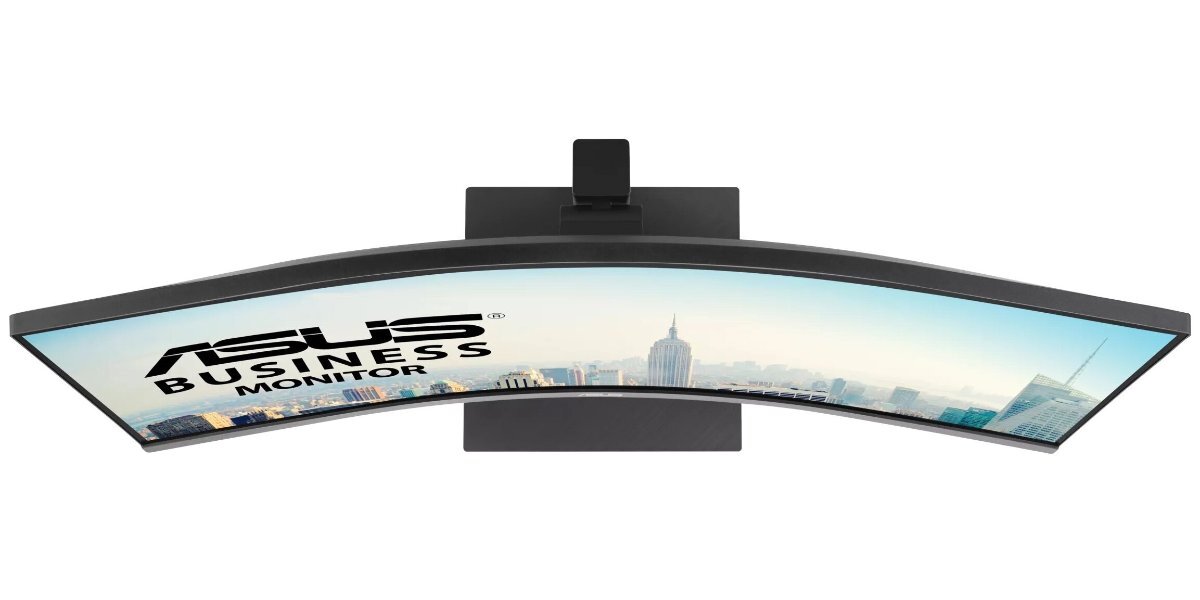 Monitor ASUS VA34VCPSR na białym tle - ujęcie monitora z góry.