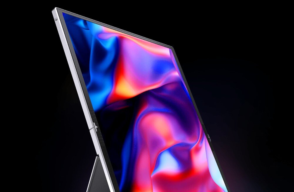 Monitor ASUS ZenScreen Fold MQ17QH Zbliżenie na ekran wypełniony intensywnymi barwami w odcieniach czerwieni i niebieskiego na czarnym tle, cechy, zalety, przekątna, rozdzielczość, kolory