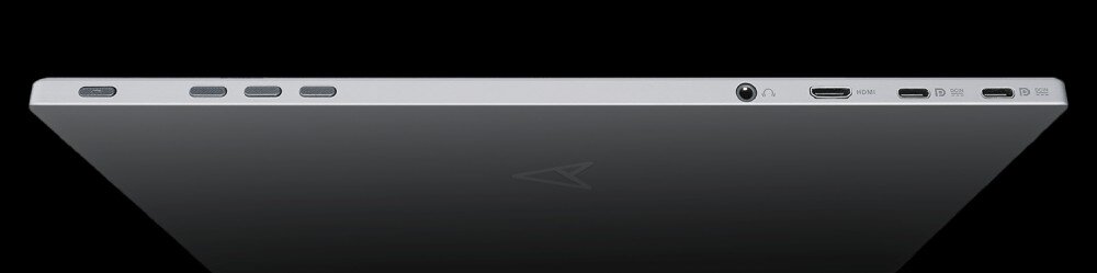 Monitor ASUS ZenScreen Fold MQ17QH Widok krawędzi monitora z przyciskami sterującymi oraz złączami w tym USB-C, mini-HDMI i gniazdem słuchawkowym, porty, podłączenie, wyjście słuchawkowe