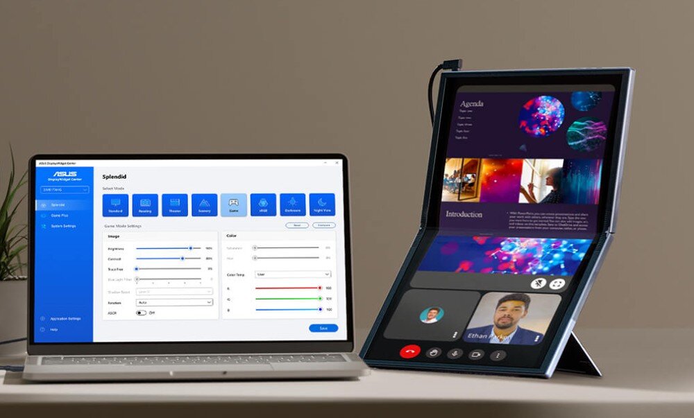 Monitor ASUS ZenScreen Fold MQ17QH Laptop obok ustawionego pionowo monitora z widocznym interfejsem programu do konfiguracji obrazu, oprogramowanie, funkcje