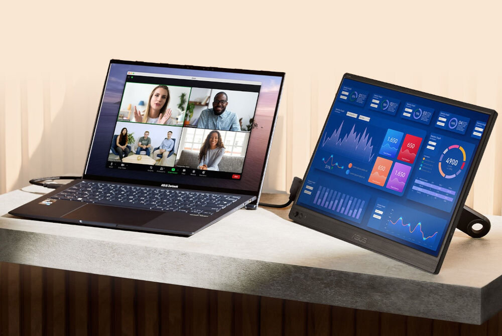 Monitor ASUS ZenScreen MB169CK 15.6 1920x1080px IPS 5 ms [GTG] port usb-c dp alt mini hdmi obraz i zasilanie jednocześnie monitor podłączony do laptopa w pozycji poziomej