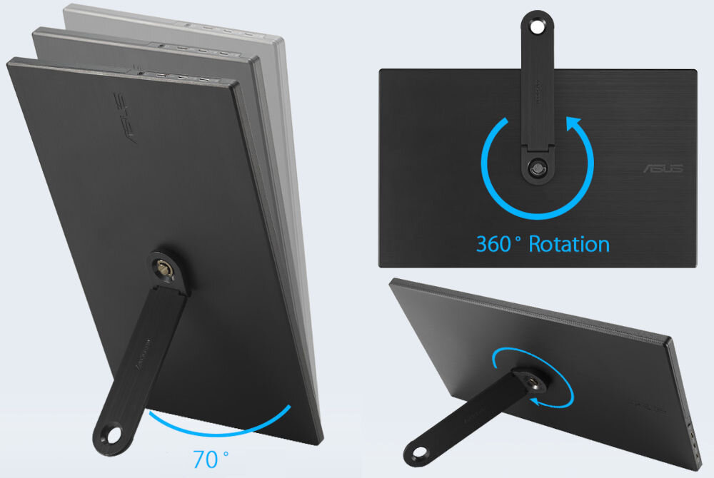 Monitor ASUS ZenScreen MB169CK 15.6 1920x1080px IPS 5 ms [GTG] podstawka 360 stopni gniazdo statywu pozycja pionowa pozioma obrotowa kontrukcja wizualizacja ustawienia z podstawką 360 stopni