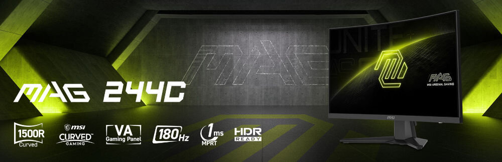 Monitor MSI MAG 244C 23.6 cala 1920x1080px 180Hz 1 ms [MPRT] Curved prezentacja monitora w tle podświetlony ledami magazyn ikony technologii napis z modelem