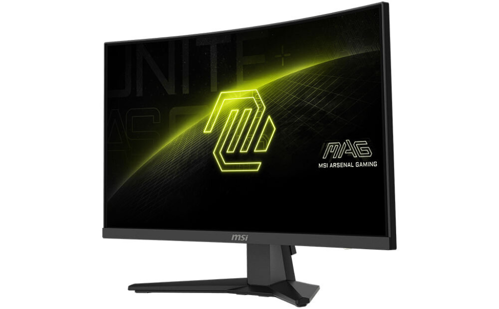 Monitor MSI MAG 244C 23.6 cala 1920x1080px 180Hz 1 ms [MPRT] Curved prezentacja monitora od przodu pod kątem na białym tle panele VA krzywizna 1500R Full HD odświeżanie czas reakcji immersja skupienie wzroku dynamiczna rozgrywka