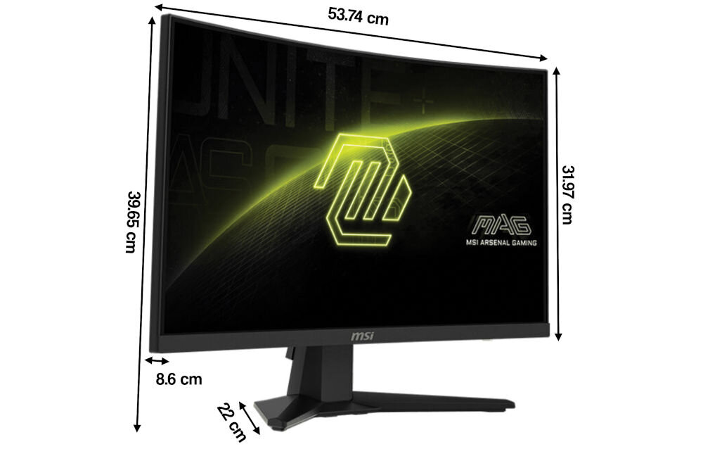 Monitor MSI MAG 244C 23.6 cala 1920x1080px 180Hz 1 ms [MPRT] Curved prezentacja monitora na białym tle od przodu pod kątem z wymiarami elegancki design stabilność podstawa stabilność