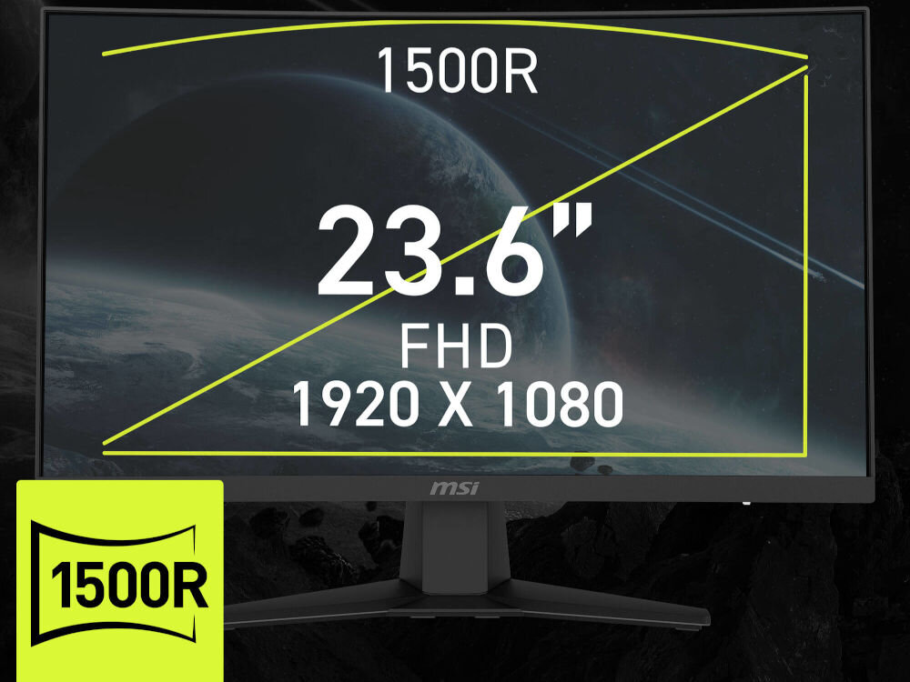 Monitor MSI MAG 244C 23.6 cala 1920x1080px 180Hz 1 ms [MPRT] Curved prezentacja monitora na galaktycznym tle rozmiar rozdzielczość 1500R zakrzywiony ekran FHD wsparcie wygody skupienie wzroku