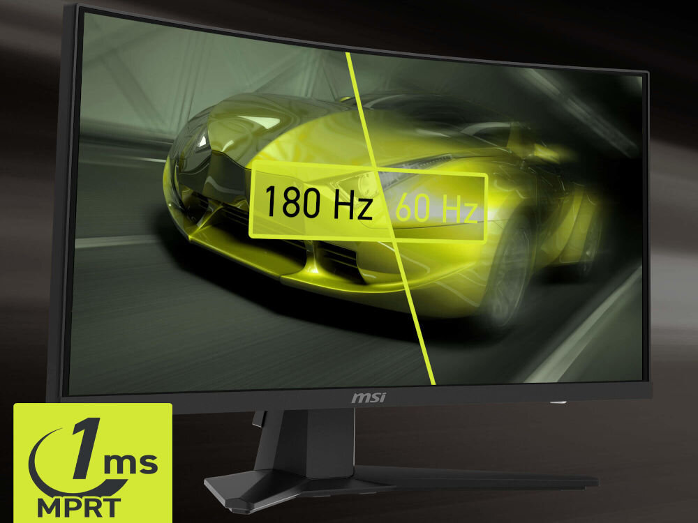 Monitor MSI MAG 244C 23.6 cala 1920x1080px 180Hz 1 ms [MPRT] Curved prezentacja monitora na ciemnym tle pokazanie 180 Hz i 60 Hz na ekranie samochód jadący drogą odświeżanie płynny i łatwy do śledzenia kontrola nad grą reakcja