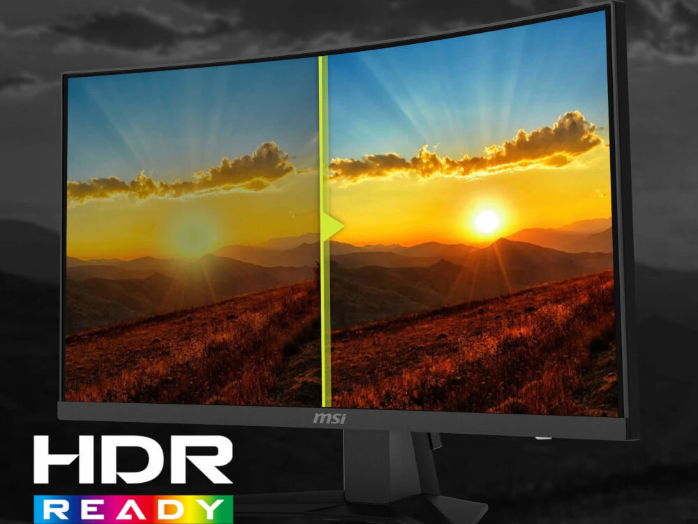 Monitor MSI MAG 244C 23.6 cala 1920x1080px 180Hz 1 ms [MPRT] Curved prezentacja monitora w tle krajobraz porównanie na ekranie z HDR Ready i bez HDR Ready pełen zakres kontrastu i barw naturalny wygląd wyświetlanie kolorów kontrasty komfort