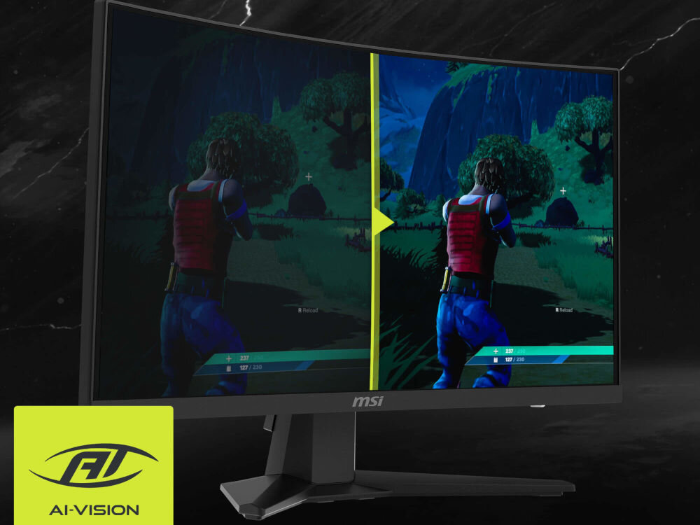 Monitor MSI MAG 244C 23.6 cala 1920x1080px 180Hz 1 ms [MPRT] Curved porównanie ekranu z gry z systemem i bez ciemne tło MSI AI Vision poprawa widoczności detali HDMI™ CEC synchronizacja wielu urządzeń ułatwienie obsługi