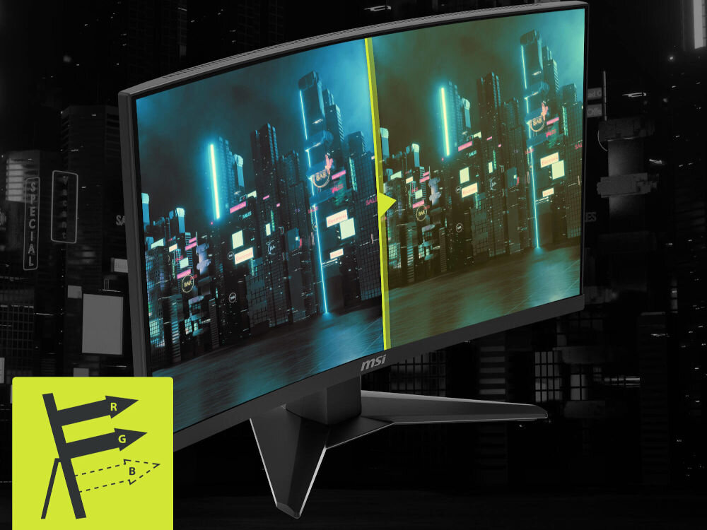 Monitor MSI MAG 244C 23.6 cala 1920x1080px 180Hz 1 ms [MPRT] Curved prezentacja monitora na ciemnym tle porównanie z technologią i bez Less Blue Light redukcja światła niebieskiego ograniczenie zmęczenia oczu