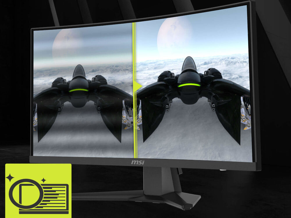 Monitor MSI MAG 244C 23.6 cala 1920x1080px 180Hz 1 ms [MPRT] Curved prezentacja monitora na ciemnym tle porównanie powłoki Anti-Flicker eliminacja migotania obrazu wsparcie codziennego komfortu pracy