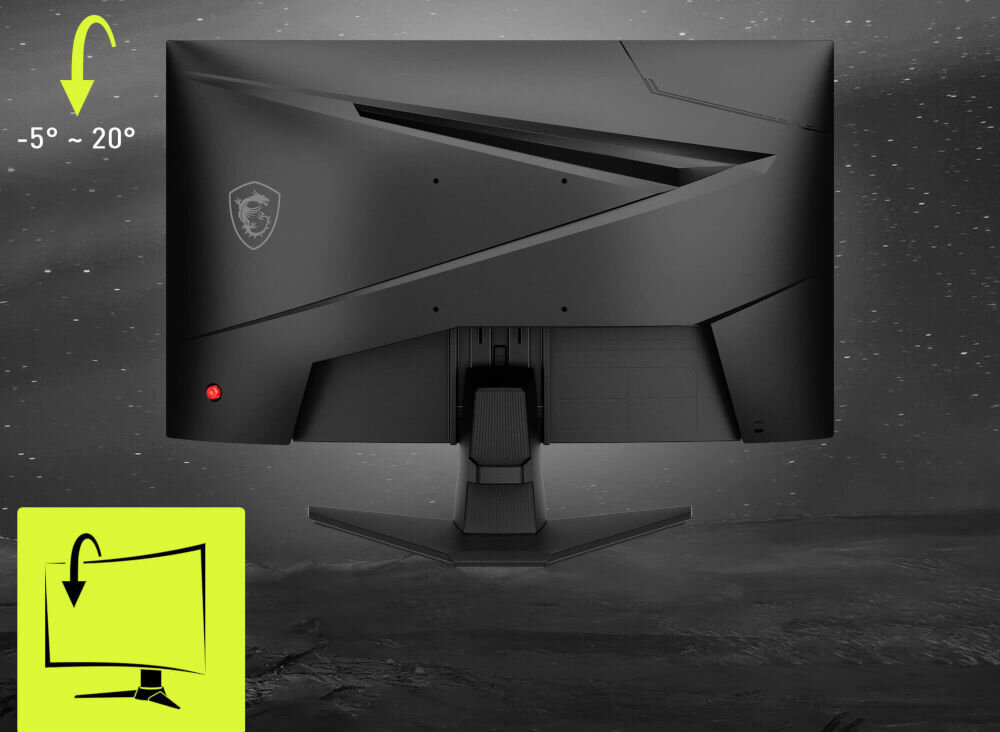 Monitor MSI MAG 244C 23.6 cala 1920x1080px 180Hz 1 ms [MPRT] Curved prezentacja monitora od tyłu na szarym tle pokazanie możliwej regulacji dostosowanie pozycji ograniczenie napięcia