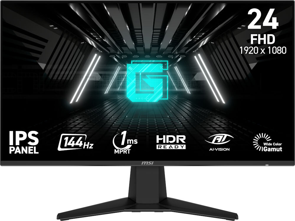 Monitor MSI G242L 23.8 cala 1920x1080 IPS 144Hz 1ms [MPRT] prezentacja monitora na białym tle od przodu technologie i rozmiar na ekranie ekran FHD 1920 x 1080 matryca IPS kąt widzenia do 178 stopni stały poziom kolorów i jasności czytelność detali komfort użytkowania z różnych perspektyw