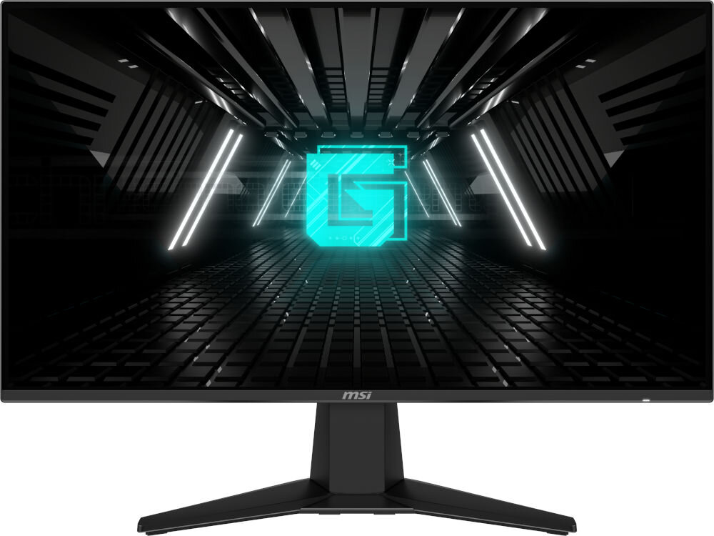 Monitor MSI G242L 23.8 cala 1920x1080 IPS 144Hz 1ms [MPRT] prezentacja monitora na białym tle od przodu 144 Hz płynność wyświetlania ruchu wspieranie podzespołów komputera czas reakcji 1 ms (MPRT) ograniczenie efektu rozmycia