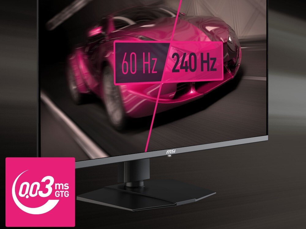 Monitor MSI MPG 272URX Ekran monitora z grafiką sportowego samochodu, podzielony pionowo na dwie części. Lewa z napisem 60 Hz jest rozmazana, prawa z 240 Hz wyraźna. W lewym dolnym rogu ikona 0.03 ms GTG, płynność, odświeżanie, czas reakcji, G-SYNC