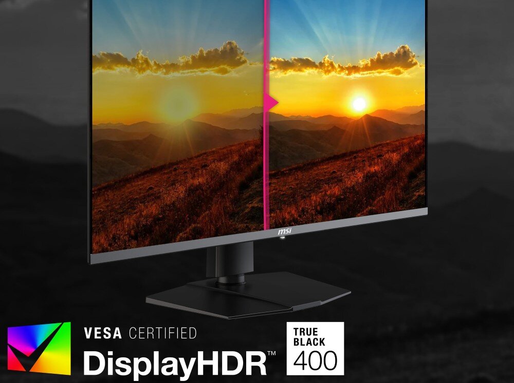 Monitor MSI MPG 272URX Zdjęcie monitora wyświetlającego krajobraz z zachodem słońca. Ekran podzielony pionowo – po lewej stronie mniej intensywne kolory, po prawej bardziej kontrastowe. W dolnym rogu logo VESA DisplayHDR True Black 400, DisplayHDR, kontrast, jasność