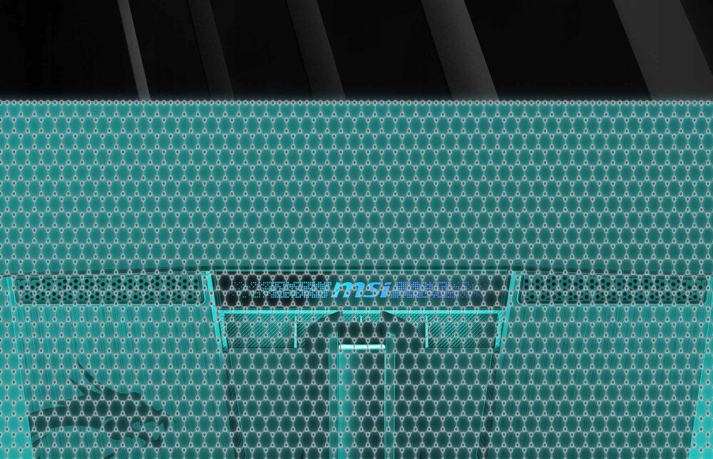 Monitor MSI MPG 272URX Zbliżenie na tył monitora pokryty strukturą graficzną przypominającą siatkę z nanocząsteczkami – schematyczna ilustracja zastosowania warstwy grafenu, konstrukcja, efektywność energetyczna, chłodzenie, radiator