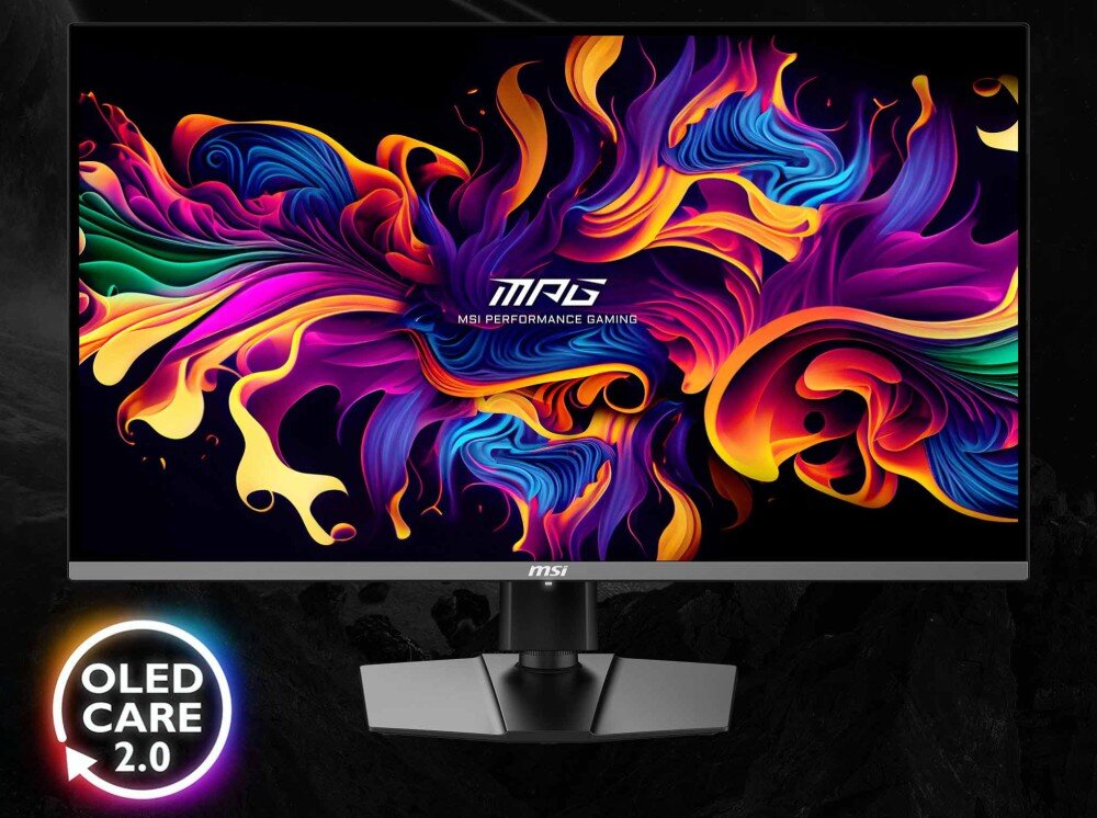 Monitor MSI MPG 272URX Monitor z wyświetloną abstrakcyjną grafiką w żywych kolorach. W lewym dolnym rogu logo 'OLED Care 2.0', ochrona matrycy, żywotność, funkcje