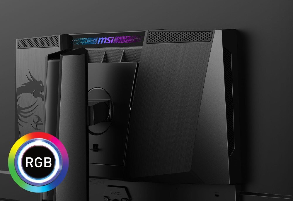 Monitor MSI MPG 272URX Widok tylnej części monitora z wyraźnie widocznym logo smoka i panelem z podświetleniem RGB. W lewym dolnym rogu ikona RGB w kolorowym okręgu, funkcja KVM, tryby PiP PbP, podświetlenie